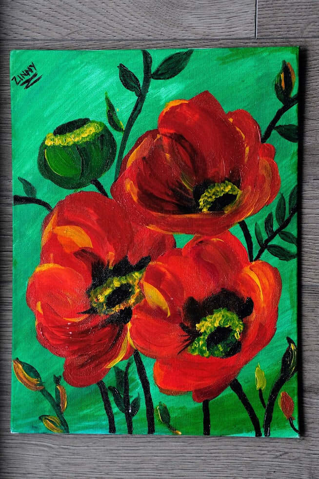 Relaxed Red Petals original painting on canvas with vibrant red petals against a green background, 9x12 inches, unframed