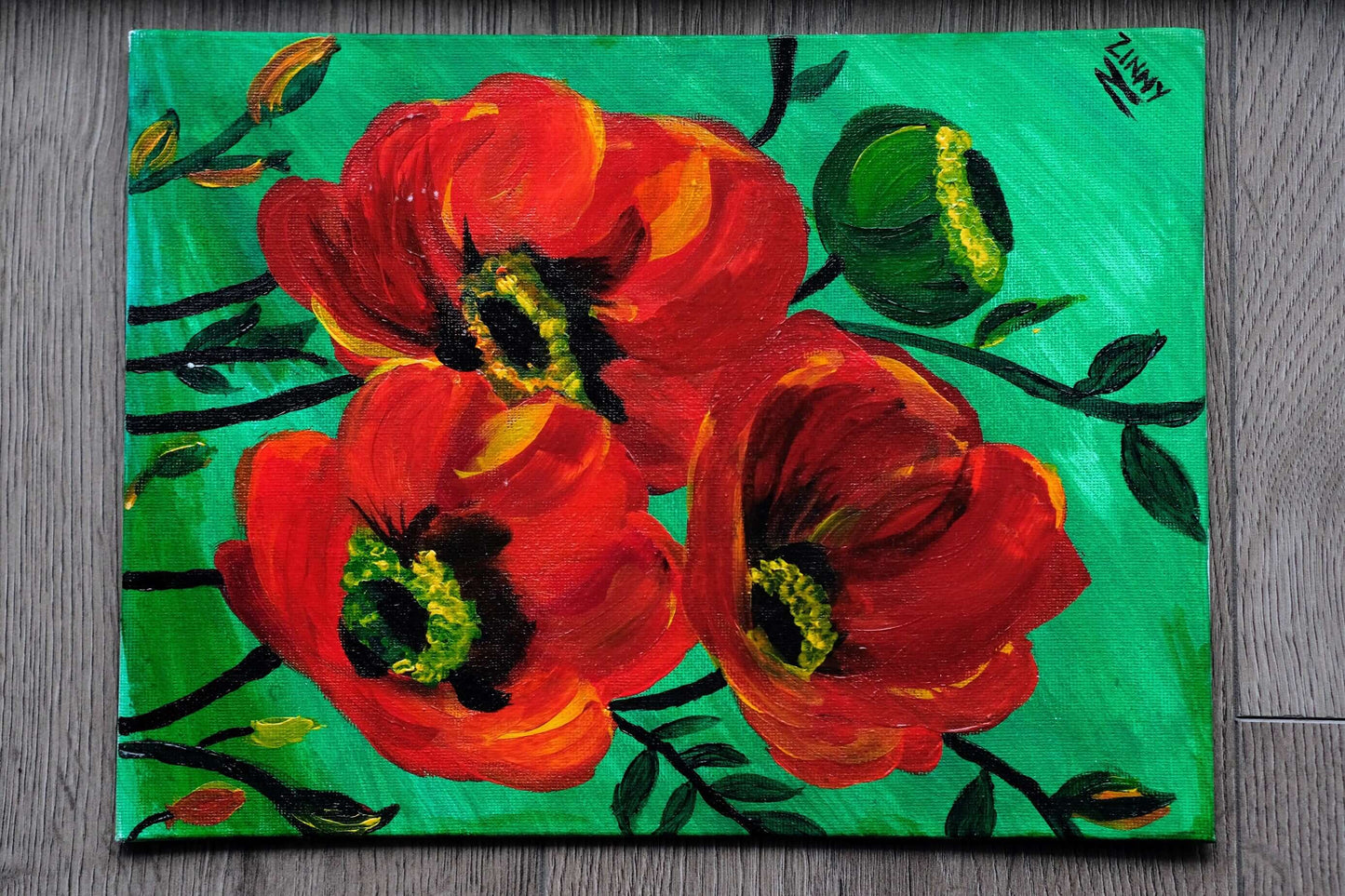 Relaxed Red Petals original painting on canvas with vibrant red petals against a green background, 9x12 inches, unframed